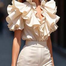 Fashion Women's Clothing  Blusa elegante de unicolor con volantes - Amarillo - Ver 4