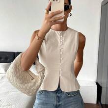 Fashion Women's Clothing  Camisas sin mangas de unicolor de tela texturizada con abotonadura, para verano - Azul - Ver 2