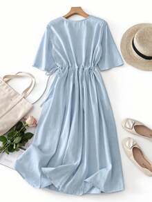 Gaun Liburan Wanita Ukuran Besar dengan Tali Serut Longgar dan Bordir Bergaya Vintage, Elegan untuk Musim Semi/Panas - Baby Blue - View 10