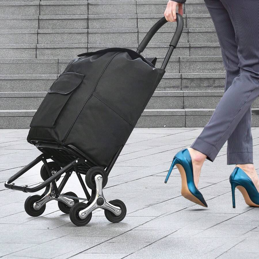Foldable Shopping Trolley, 450x350x965mm, 6-Wheeled Stair-Climbing Hand Truck, Oxford Fabric Storage Bag, For Shopping, Office, Moving, Transport, Outdoor Use, Laundry, Black - Einkaufsstil Schwarz 110lbs EVA 6 Räder Legierter Stahl - View 1