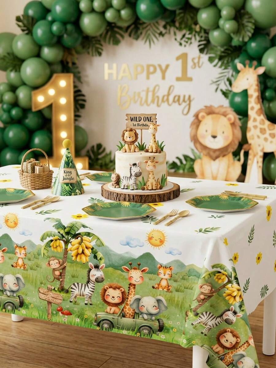 1/3件裝叢林動物桌布 220x130cm 防水桌巾，1歲生日派對裝飾、嬰兒洗禮派對裝飾、性別揭曉派對用品、叢林動物派對裝飾、叢林探險主題生日派對裝飾，居家裝飾、餐桌裝飾、廚房與餐廳裝飾、派對用品
