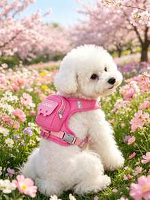 1 pieza Conjunto de arnés y correa de mascota con diseño de color dopamina, transpirable y anti-escape para perros y gatos pequeños - Rosa - Ver 5
