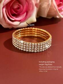1pc 4-Row/3-Row/2-Row/1-Row Crystal Tennis Bracelet, Shiny Elastic Bangle, Crystal Sparkling Wristband, Wedding Bridal Jewelry, Valentine's Day Gift - Gold - View 9