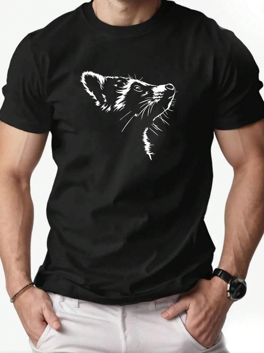 Men's Short-Sleeved T-Shirt With Raccoon Print, Crew Neck, Solid Color, Raccoon Face And Paw Design, Regular Fit Ideal For Warm Weather, 100% Pure Cotton, Casual And Versatile Style, Perfect For Everyday Wear And Casual Outfits In Spring, Summer And Autumn, Cool And Breathable Fabric, Machine Washable, Original Gift For Raccoon And Nature Lovers - Hitam - View 1