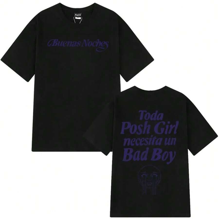 QUEVEDO Buenas Noches Harajuku Print T-Shirt für Männer und Frauen, Lässige T-Shirts, Übergroße Kurzarm-Shirts, Modische Hip-Hop Vintage T-Shirts - Schwarz - Übersicht 1