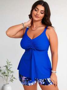2026 New Women's Plus Size Blue Tankini Swimsuit, Drawstring V-Neck Two Piece Bathing Suit With Shorts - 藍色 - 查看 1