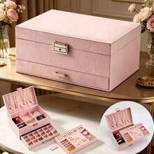 Large Capacity Lockable Velvet Jewelry Box With Drawers, Suitable For Storing Necklaces, Earrings, Rings, Bracelets, Great Gift For Women - Multicolor - View 6
