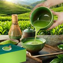 Kit de Té Matcha Tradicional - Juego Completo Con Batidor, Tazón de Cerámica Hecho a Mano, Soporte, Cuchara - Ceremonia de Té Japonés 9 Piezas (Verde) - Verde - Ver 8