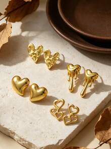 12 Pieces / 6 Pairs Of Heart-Shaped Series Gold Earrings. There Are Various Styles Such As Hammered Heart Shape, Smooth Three-Dimensional Shape, Pleated Heart Shape, Hollow Double Heart Shape, And Melting Heart Shape. - Stainless Steel Set - View 6