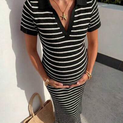 Summer Outfits,  Maternity Clothes,Maternity Dress,Red Collared Striped Knit Dress For Pregnant Women, Suitable For Casual Everyday Wear, With A Basic Slim Fit.,Maternity Casual Striped Dress For Summer Pregnant Women Outfits Pregnancy Clothes Dress New Maternity Fashion Maternity Striped Dress Striped Polo Dress Maternity Outfit For Pregnant Pregnancy Outfits For Summer Pregnancy Outfits For Photoshoot Outfit For Pregnant Women Greece Vacation Outfits Women Holiday Outfits For Women Summe