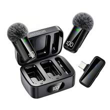 HITOZON Microfono senza fili da bavero con custodia di ricarica, 2 microfoni, cancellazione del rumore, indicatore LED della batteria, microfono plug-and-play per iPhone, Android, creatori di contenuti, streaming e registrazione video - Visualizzare 1