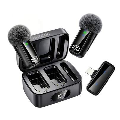 HITOZON Wireless Lapel Microphone With Charging Case, 2 Mics, Noise Cancelling, LED Battery Indicator, Plug-And-Play Mic For IPhone, Android, Content Creators, Streaming & Video Recording