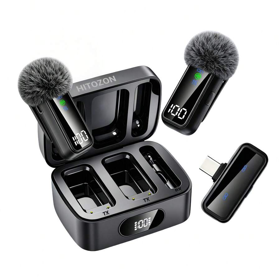 HITOZON Microfono senza fili da bavero con custodia di ricarica, 2 microfoni, cancellazione del rumore, indicatore LED della batteria, microfono plug-and-play per iPhone, Android, creatori di contenuti, streaming e registrazione video - Visualizzare 1