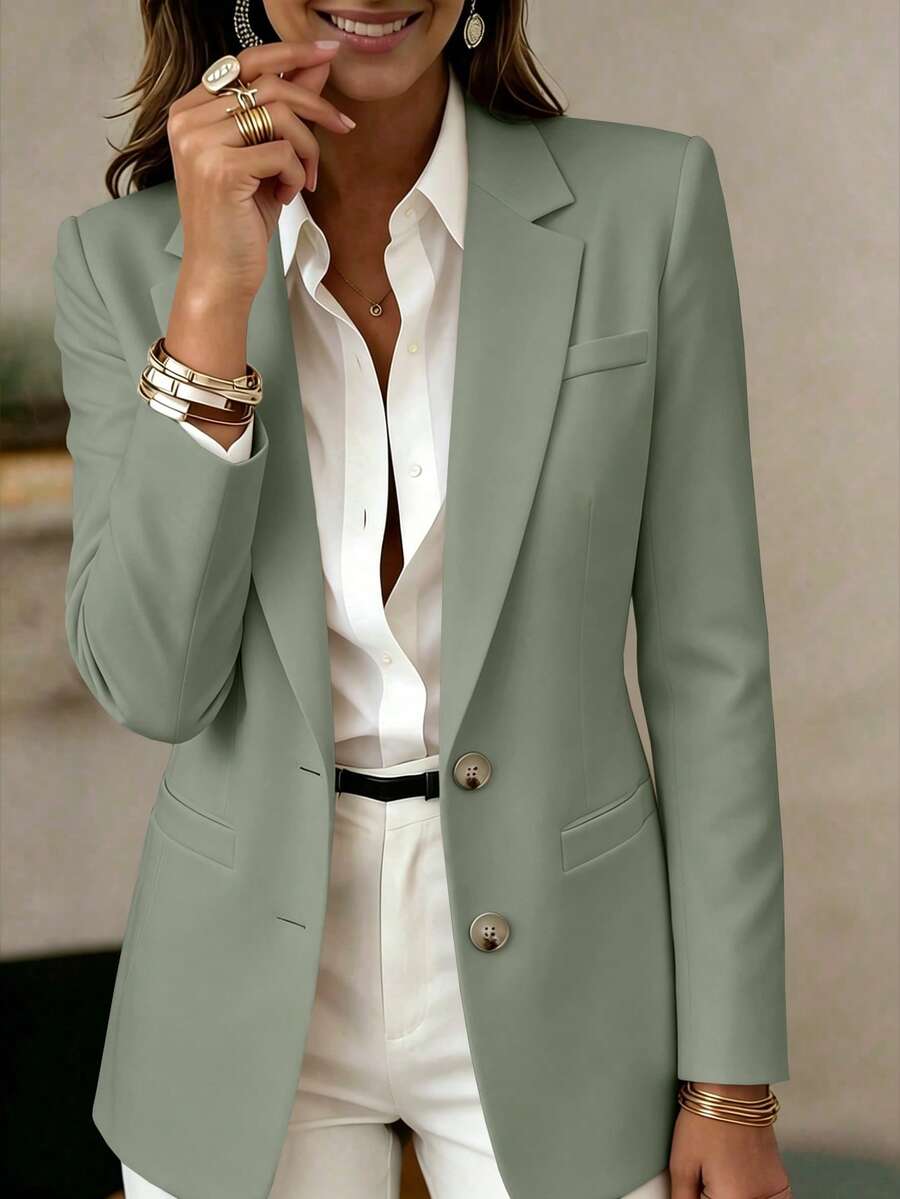 Jaket Wanita Lengan Panjang dengan Kerah dan Kancing, Blazer Ringan Bahan Rajut Panjang Reguler, Menciptakan Gaya Akademik yang Elegan dan Modis - Hijau Tentara - View 1