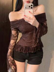 Blusa de manga larga con hombros descubiertos y malla transparente con estampado floral diminuto para mujer, ropa de mujer para salir en Pascua - Café integral - Ver 5