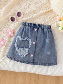 Falda vaquera con cintura elástica y diseño de corazón rasgado para niñas, conjunto de moda adecuado como regalo, para verano - Lavado ligero - Ver 1