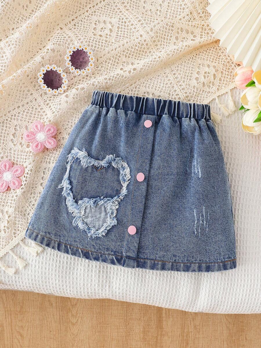 Falda vaquera con cintura elástica y diseño de corazón rasgado para niñas, conjunto de moda adecuado como regalo, para verano - Lavado ligero - Ver 1