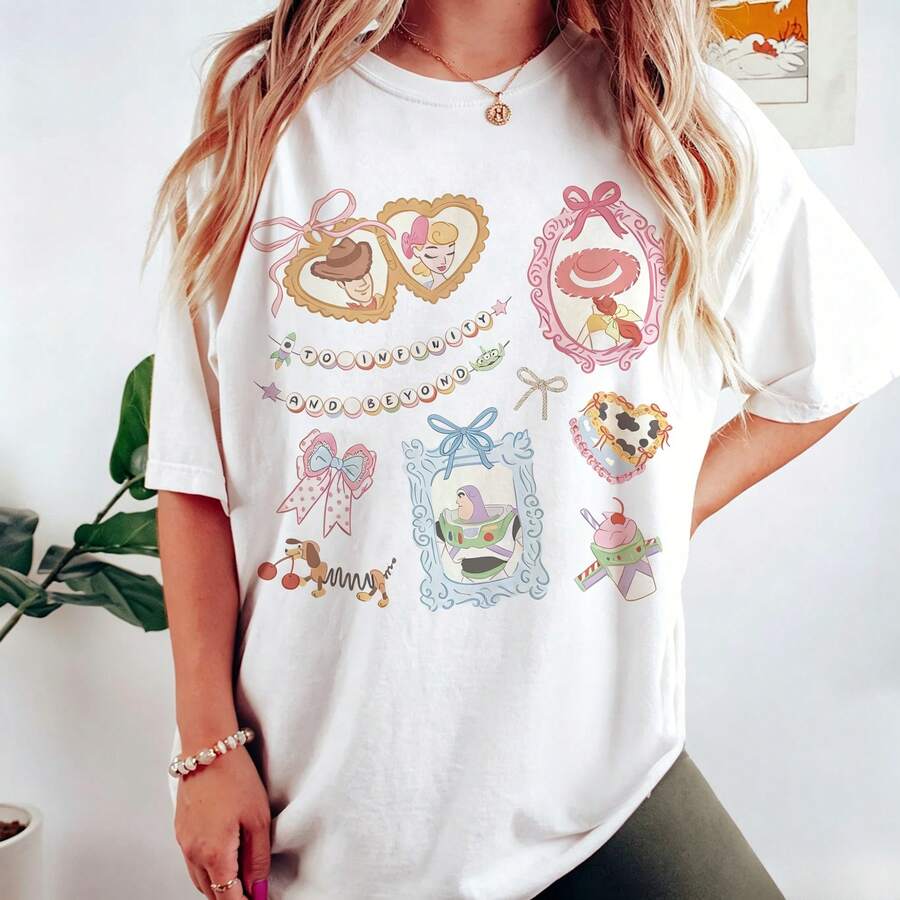 Disney "To Infinity And Beyond" Toy Story Bow Oversized T-Shirt Unisex, 100% Cotton Vintage Short Sleeve Casual Top, Cartoon Character Graphic Print Tee - trắng - Xem 1