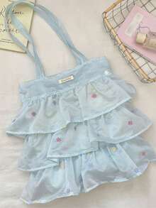 Ditsy Floral Layered Cake Tote Bag, Soft Chiffon Ruffle Korean Style Girl's Commute & School Large Capacity Shoulder Bag - Blue - View 5