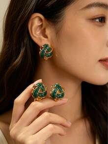 Vintage Luxury Twisted Stud Earrings, Gold-Plated 3D Textured, 304 Stainless Steel Sweat-Resistant And Fade-Resistant, Eye-Catching Ear Jewelry For Holiday Parties, Birthday Banquets, Bridesmaid Looks And Girls' Gatherings, Stand Out, Suitable For Vintage Markets And Summer Travel, Gentle Vacation Style, Fashion Statement For Daily Wear - Multicolor - View 3