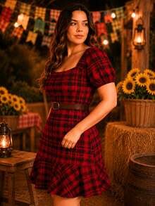 Plus Size Checkered Dress With Square Neckline And Short Sleeves For June Festival (São João) - 紅色和黑色 - 查看 4