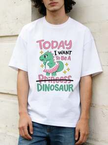 Camicia estiva casual da uomo con scollo rotondo e maniche corte, morbida, con stampa grafica carina di dinosauro principessa, adatta per uso casual quotidiano.Bianco - Bianco - Visualizzare 3