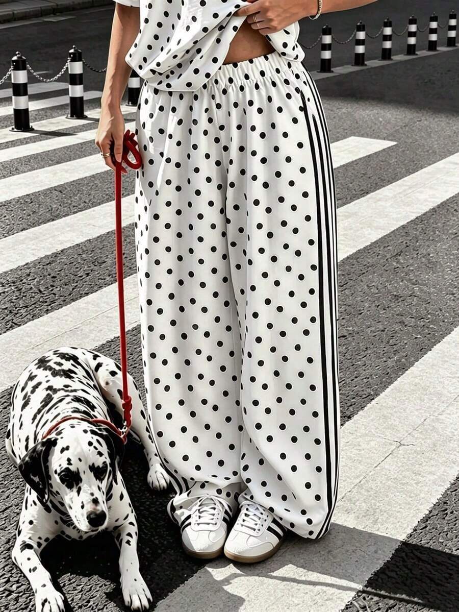 Pantalones sueltos casuales de mujer con lunares, adecuados para exteriores, streetwear, estilo Y2K, primavera/verano blanco - Blanco - Ver 1