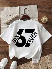 Summer Short-Sleeved T-Shirt For Boys, "67" With A Fun Digital Design. Suitable For Casual Wear, School, And Everyday Wear. - White - View 2