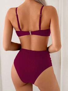 Swim Chiccia Conjunto de bikini marrón de cintura alta con control de abdomen, correa con cuentas y hebilla de metal elegante para vacaciones de mujer, primavera/verano 2025 - Burdeos - Ver 2