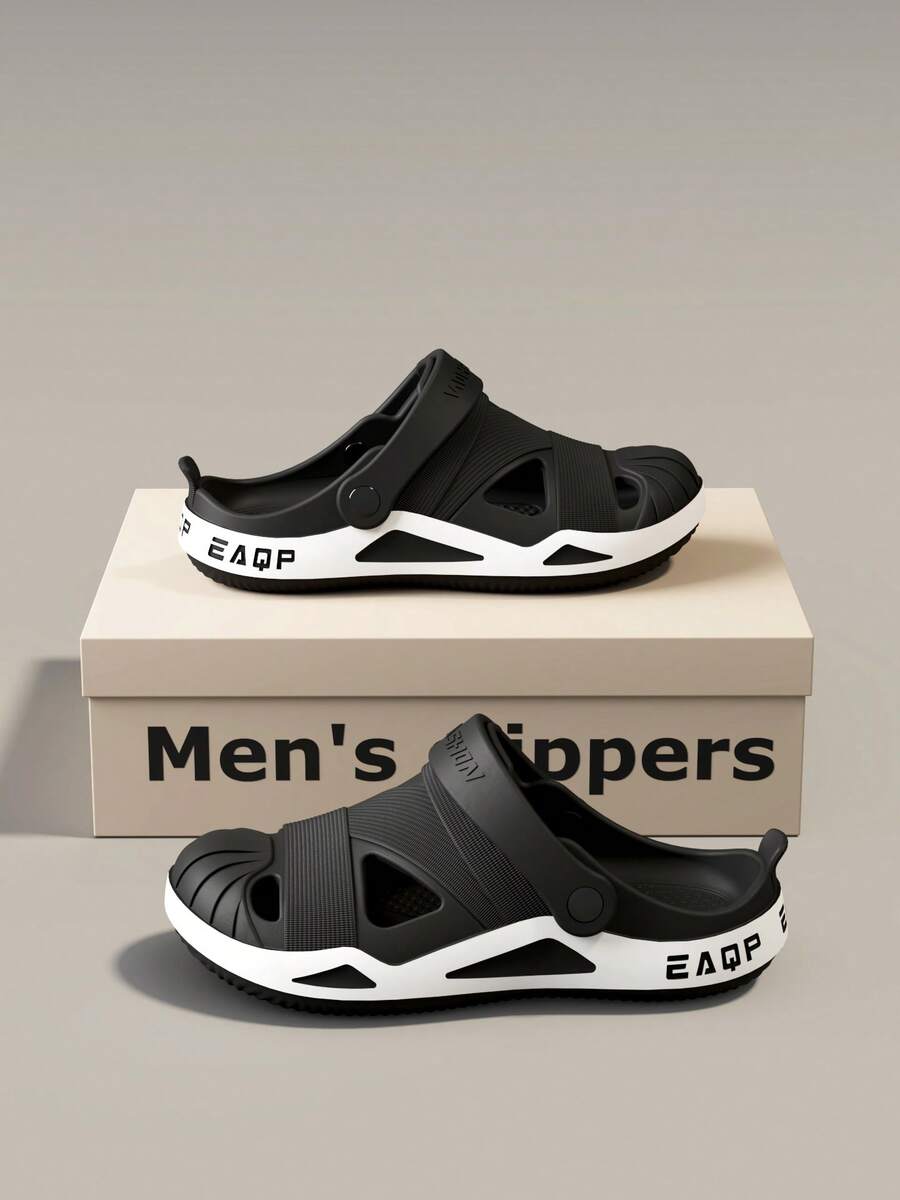 Men's Two-Strap Outdoor Slippers, Lightweight Water-Resistant Beach Sandals, Anti-Slip Thick Sole Slides For Summer, Casual Outings & Vacation Activities - Black - View 1