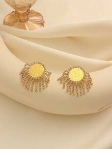 1 Pair Vintage Cute Copper Alloy Gold Plated Crystal Tassel Coin Earrings, Suitable For Women's Daily Wear, Holiday Gift - Yellow Gold - View 1
