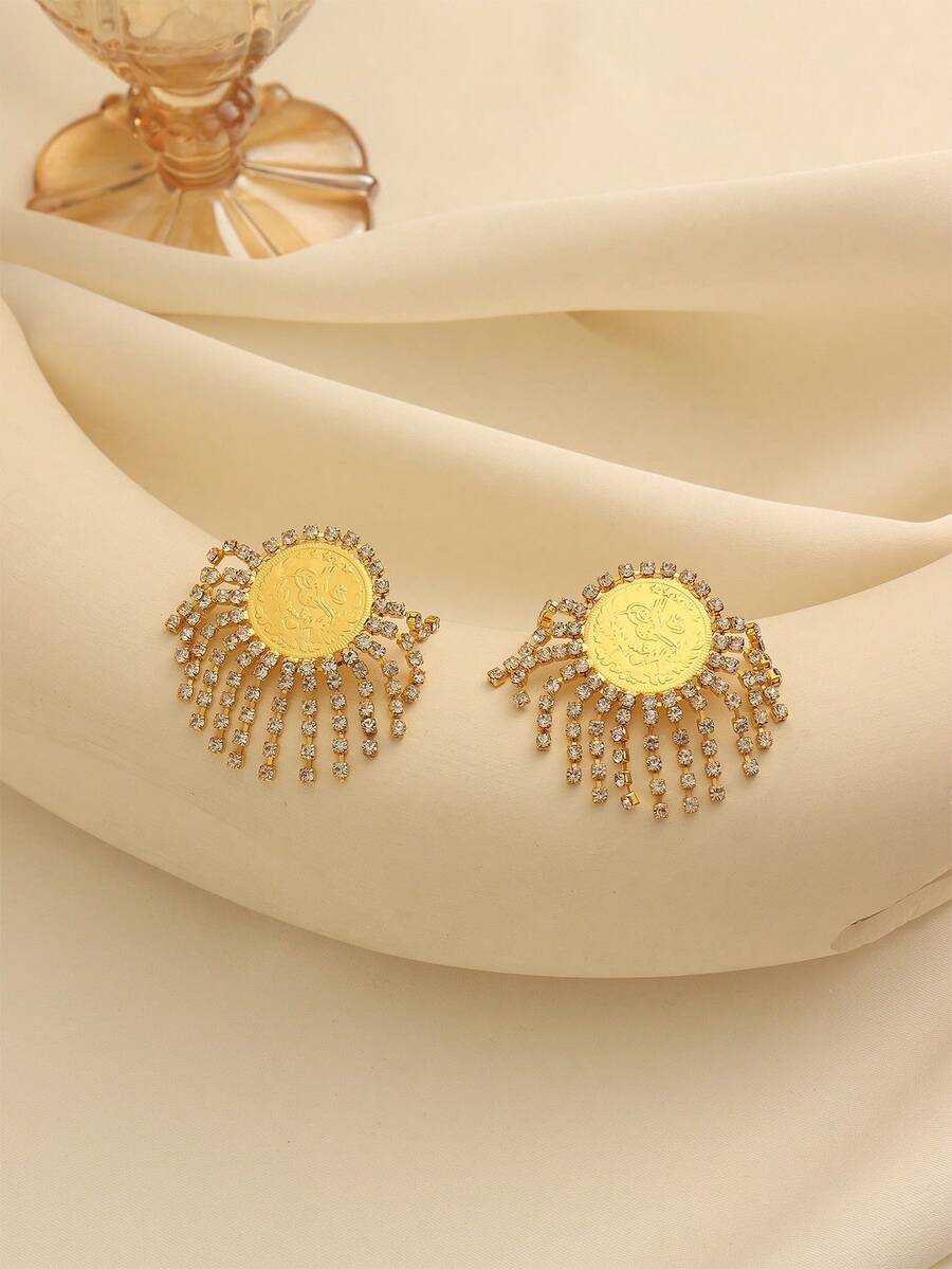1 Pair Vintage Cute Copper Alloy Gold Plated Crystal Tassel Coin Earrings, Suitable For Women's Daily Wear, Holiday Gift - Yellow Gold - View 1