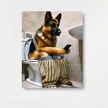 Póster e impresión plano 2D de perro pastor alemán, 1 pieza - Arte humorístico de teléfono cepillándose en el inodoro, apto para regalos de regreso a clases y graduación, pintura moderna en lienzo sin marco para decoración de sala, dormitorio, baño - Arte de pared peculiar de pastor alemán, plano 2D - Enmarcado - Ver 1