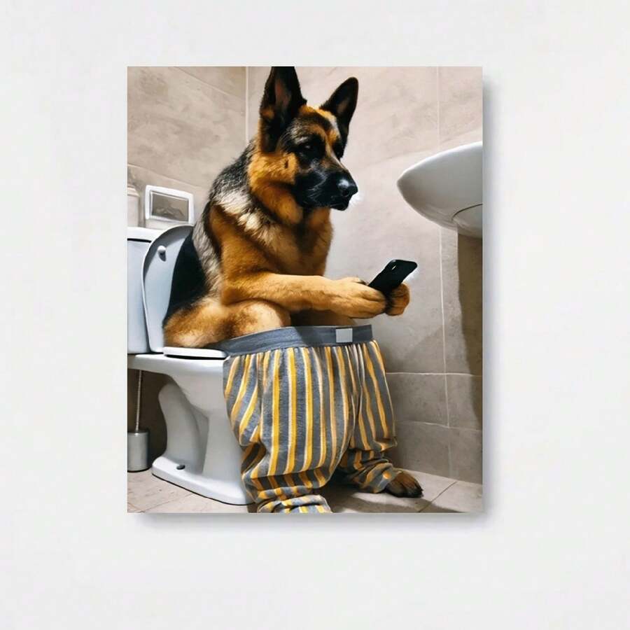 Póster e impresión plano 2D de perro pastor alemán, 1 pieza - Arte humorístico de teléfono cepillándose en el inodoro, apto para regalos de regreso a clases y graduación, pintura moderna en lienzo sin marco para decoración de sala, dormitorio, baño - Arte de pared peculiar de pastor alemán, plano 2D - Enmarcado - Ver 1