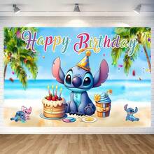Lilo & Stitch Birthday Backdrop, Polyester Hawaiian Beach Theme Photo Background With Cartoon Characters, Waterproof Wrinkle-Resistant Birthday Party Photography Decoration Banner - Multicolor - View 11