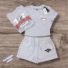 Style Red Logo Print Two-Piece Loungewear Set, Cropped Tee & Drawstring Shorts, Casual Streetwear & Athleisure - Xám - Xem 1