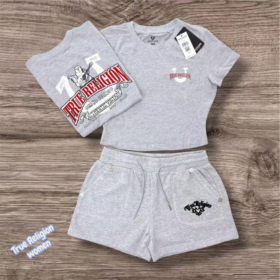 Style Red Logo Print Two-Piece Loungewear Set, Cropped Tee & Drawstring Shorts, Casual Streetwear & Athleisure - Xám - Xem 1