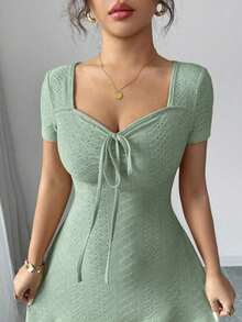 Nuevo vestido corto de verano para mujer, ajustado y sexy, con nudo en la cintura, de jacquard de punto en color crema-amarillo - Verde - Ver 2
