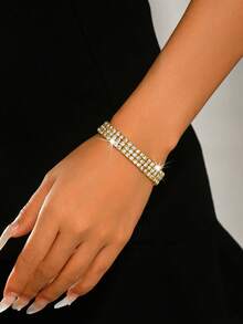 1pc 4-Row/3-Row/2-Row/1-Row Crystal Tennis Bracelet, Shiny Elastic Bangle, Crystal Sparkling Wristband, Wedding Bridal Jewelry, Valentine's Day Gift - Gold - View 3