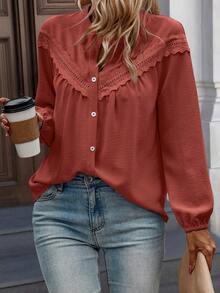 Plus Size Regular Length Long Sleeve Shirt Collar Backless Contrast Floral Lace Detail Top - Rust Brown - View 1
