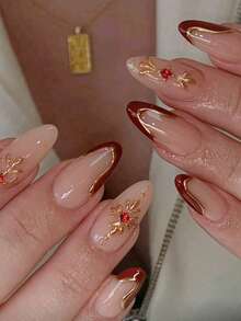 24pcs Kuku Palsu Minimalis Seri Warna Dopamin Merah Batu Permata & Mutiara, Berlapis Emas, Bentuk Almond Sedang dengan Garis Goresan, Cocok untuk Musim Semi, Musim Gugur, Kerja, Sehari-hari, Pesta, Pernikahan, Dilengkapi dengan Gel Jelly dan Kikir, Kuku Palsu yang Dapat Digunakan Kembali dan Dilepas, Perlengkapan Seni Kuku - Burgundy - View 7