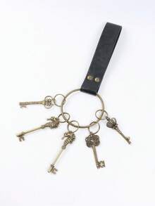 1pc Black Faux Leather Belt Key Holder With Rivets, Comes With 5 Bronze Skeleton Keys, Medieval Renaissance LARP Keychain, Costume Prop - A - View 6