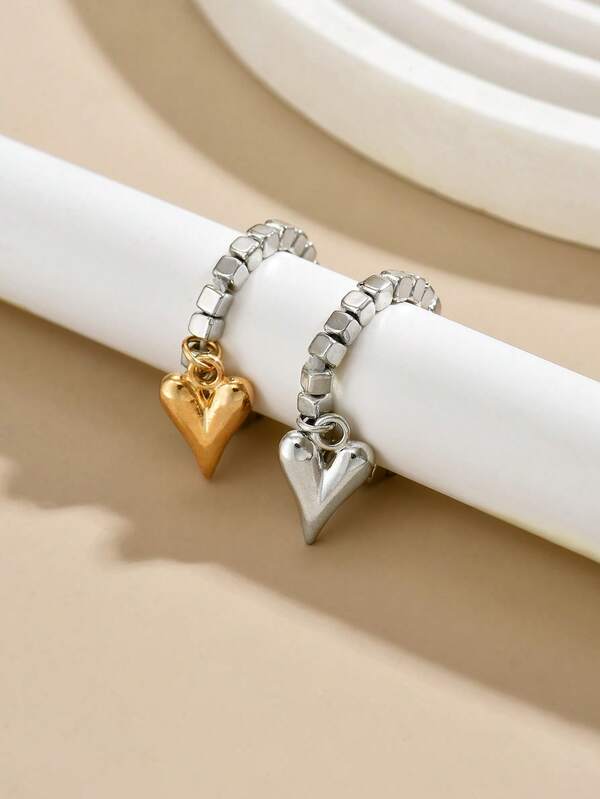 1PC Creative Beaded Cord Heart Pendant Rings For Women Minimalist Elegant Elastic Ring For Daily Wear