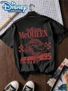 T-shirt con stampa di lettere Disney ufficialmente concessa in licenza, giacca casual a maniche corte, adatta per estate e primavera, abbigliamento da donna - nero - Visualizzare 2