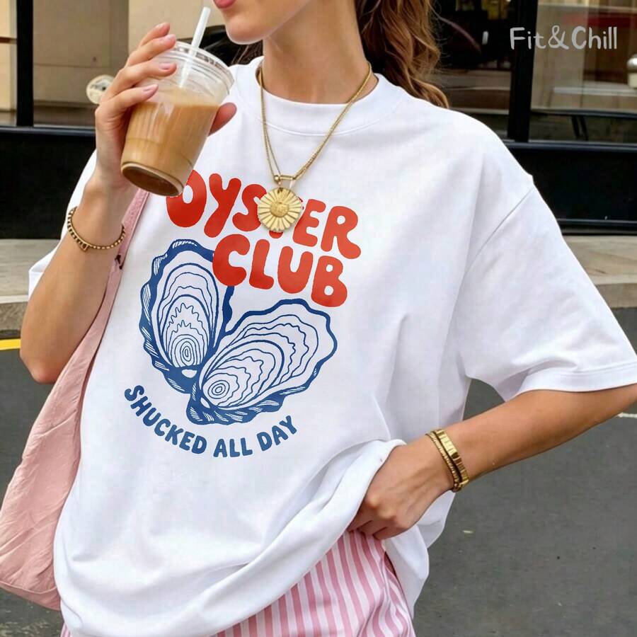 Women's T-Shirt Oyster Shell Pattern Print Design Short Sleeve Crew Neck Casua Suitable For Spring And Summer - White - View 1