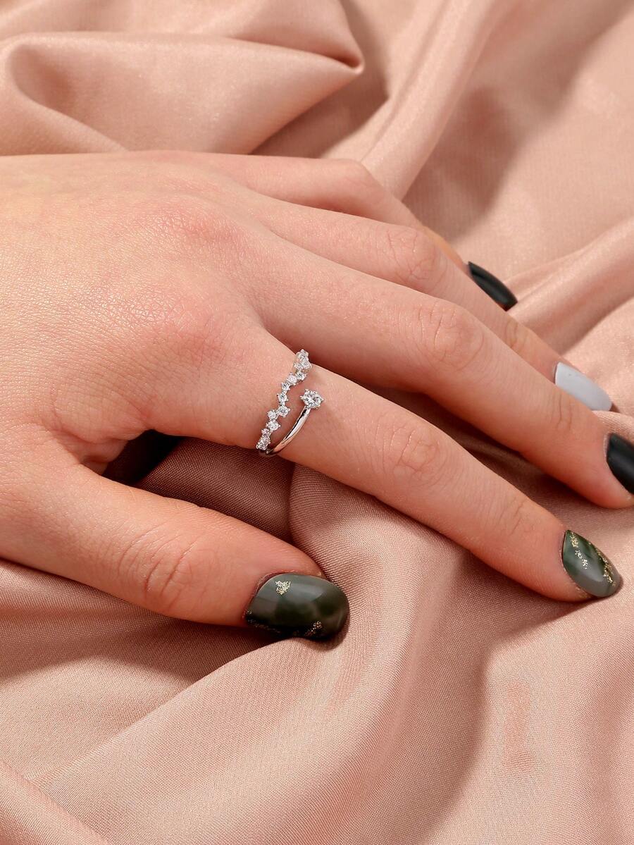 Nooxian 1pc Luxury Asymmetrical Arrangement Copper Zirconia Stone Adjustable Ring - Silver - View 1