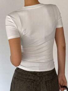 Camiseta ajustada de mujer de cuello redondo y manga corta con abertura delantera - Blanco 6 - Ver 3