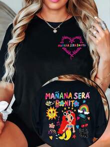 Camiseta estampada 'Manana Sera Bonito', cuello redondo y manga corta para verano y primavera, Ropa de mujer - Negro - Ver 5
