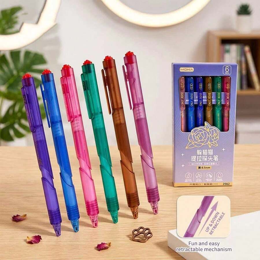 Set de 7 bolígrafos retráctiles ST de colores surtidos, con tinta de secado rápido, adecuados para estudiantes y uso en la oficina - Morado - Ver 1