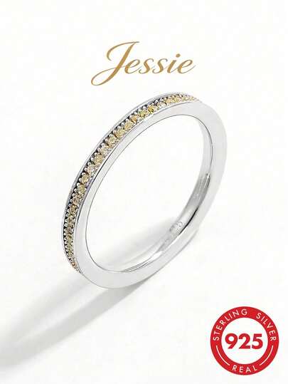 1pc Fashionable Elegant Classic Minimalist Luxurious 925 Sterling Silver Full Circle Track Inlaid Yellow Round Stone Ring, Graceful Gift For Women
